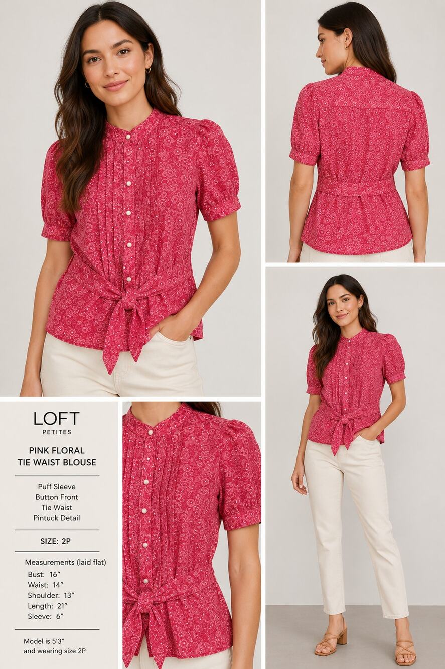 LOFT Petites Pink Floral Tie Waist Blouse Size 2P Puff Sleeve Button Front